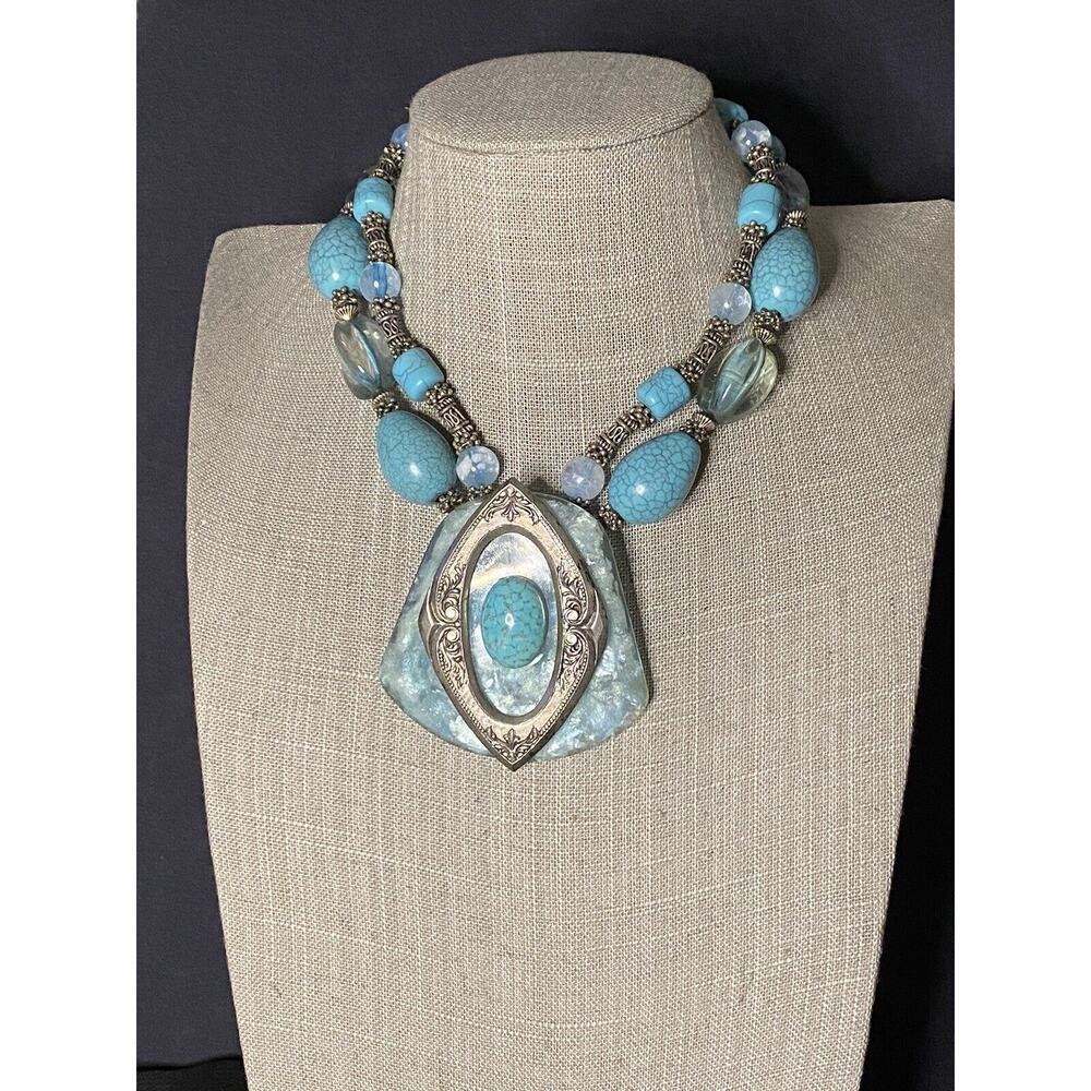 ANTHONY ALEXANDER Double Strand Statement Necklace Lucite Pendant Faux Turquoise